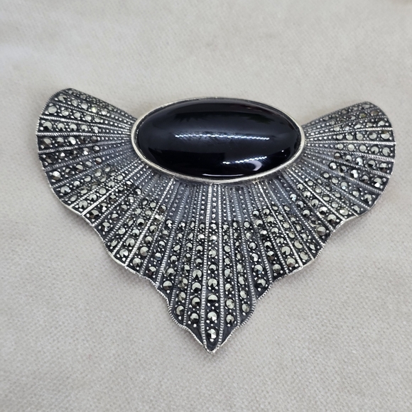 Vintage Judith Jack Art Deco Style Large Black Onyx & Marcasites Sterling Silver - Picture 1 of 10